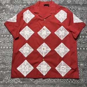 ASOS DESIGN Men’s Relaxed Revere Crochet Shirt XL Red Resortwear Cabana Shirt